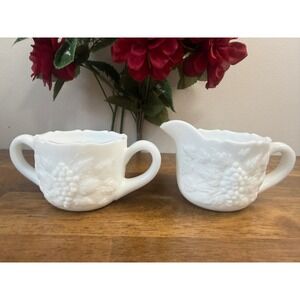 Vintage Westmoreland Paneled Grape Milk Glass Creamer Sugar Set Farmhouse Retro